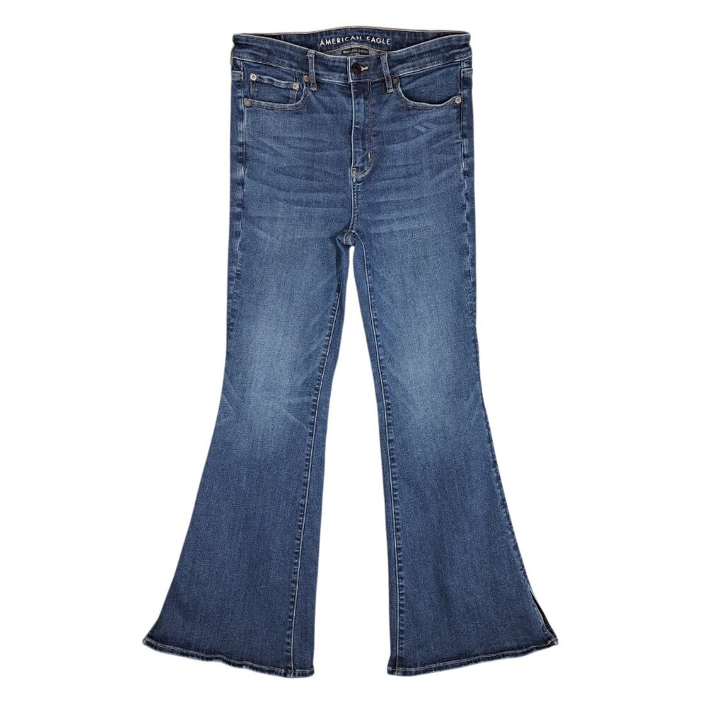 American Eagle Super High Rise Flare Jeans Womens Sz 8 Next Level Stretch Slits